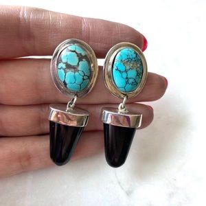 Turquoise, Onyx and Sterling Silver Richard Lindsay Earrings